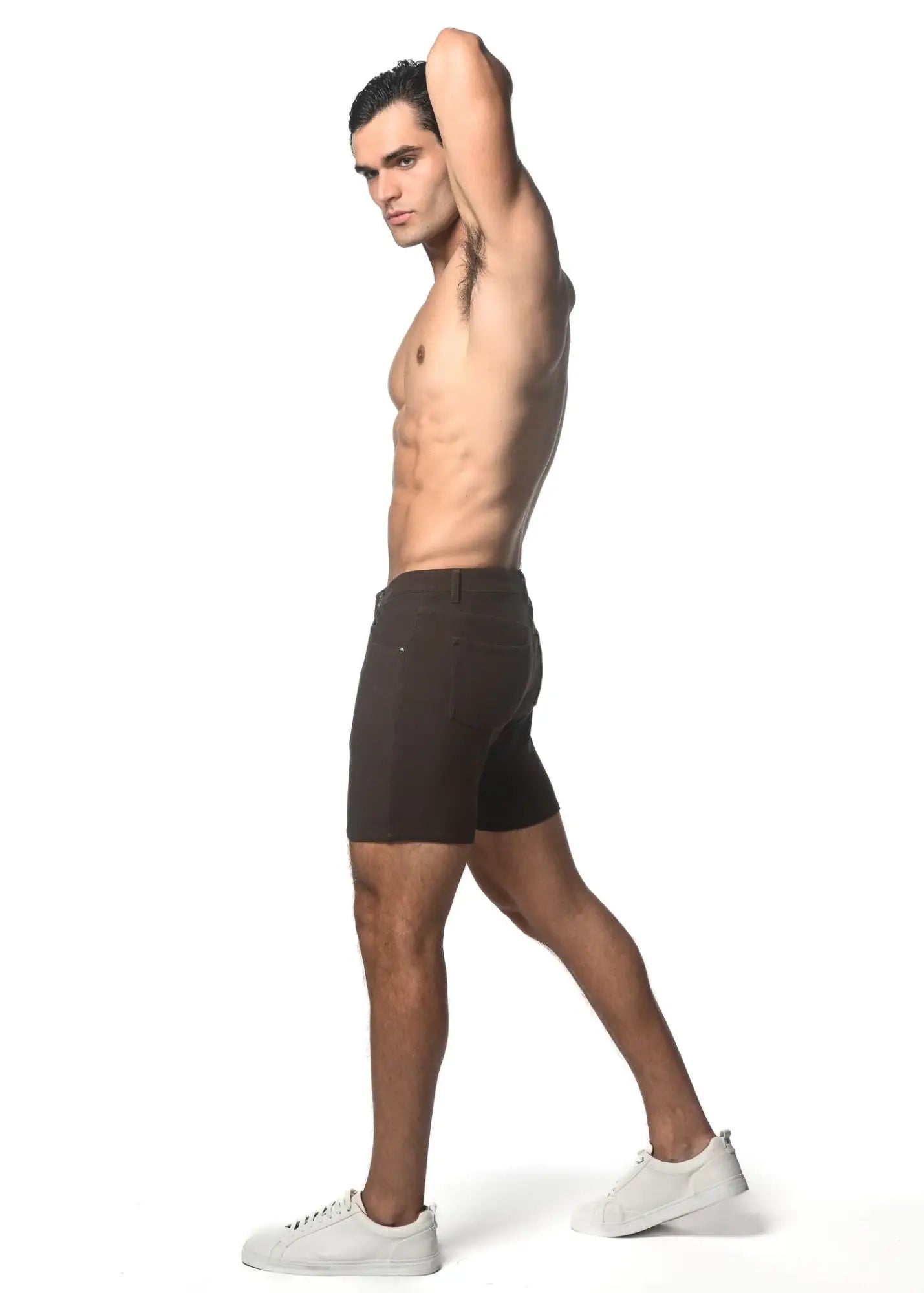 Dark brown washed denim stretch knit tailored shorts with a sleek modern design perfect for casual wear