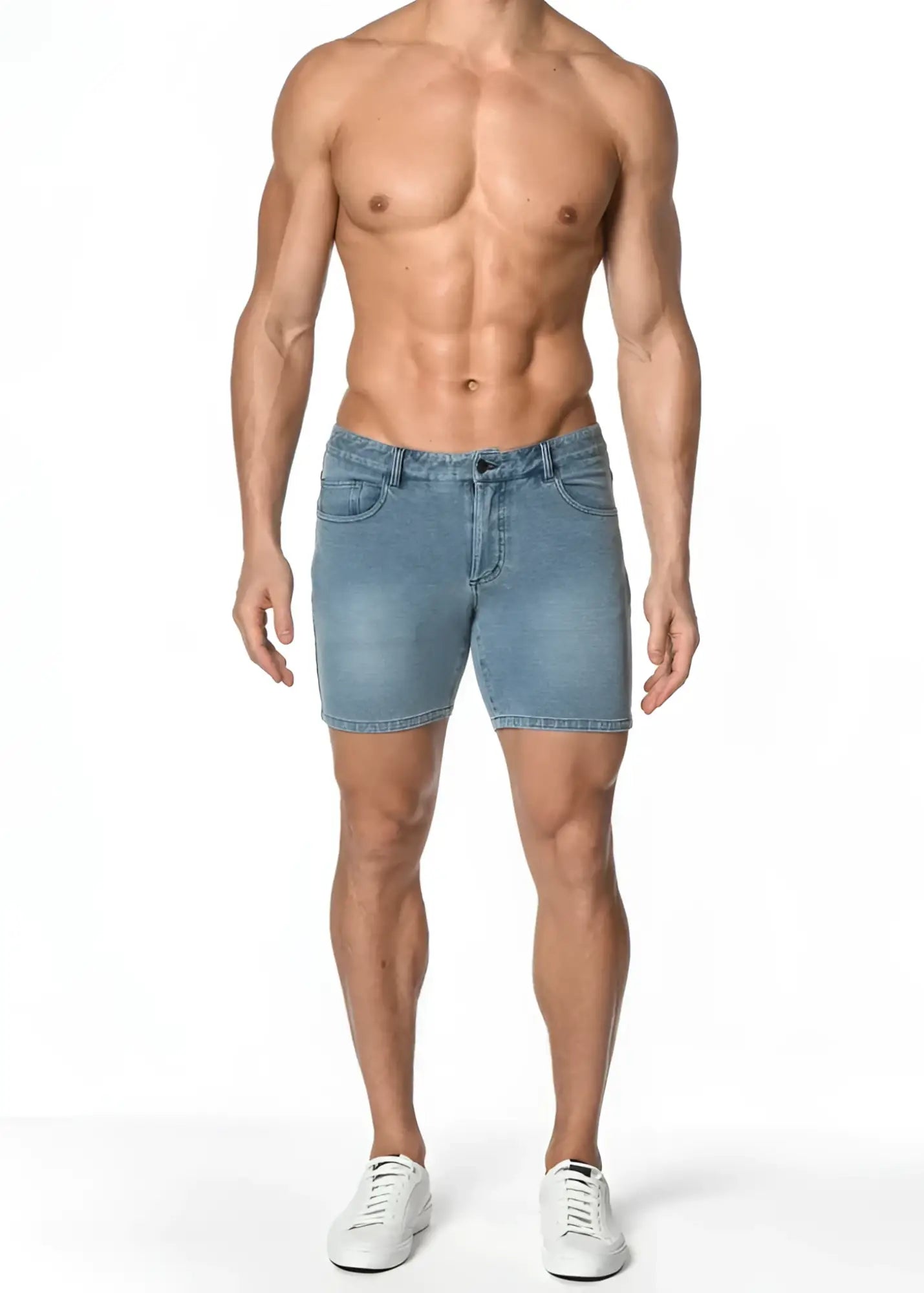Light-wash denim stretch knit shorts with classic five-pocket design and belt loops for casual wear