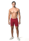 Red men’s washed denim stretch knit shorts with classic fit and button closure front view