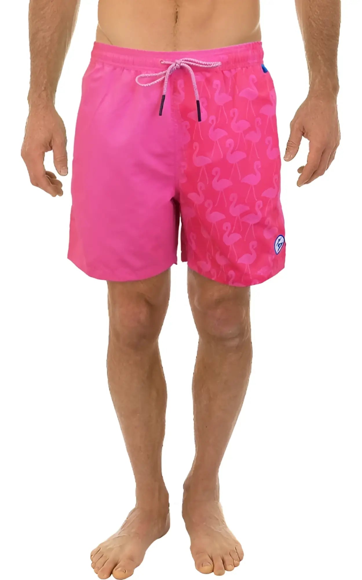 Bright pink water activated swim shorts with a subtle flamingo pattern and matching drawstring for beachwear