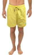 Bright yellow water activated swim short with subtle camouflage pattern and black drawstrings for water use