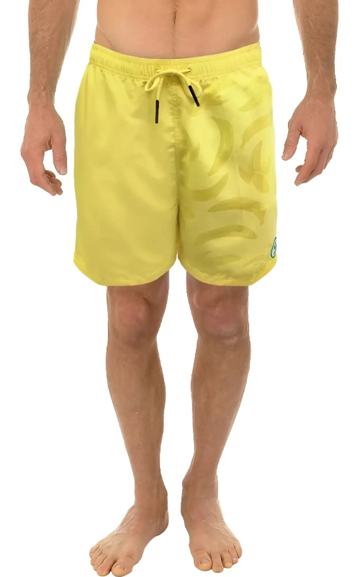 Bright yellow water activated swim short with subtle camouflage pattern and black drawstrings for water use
