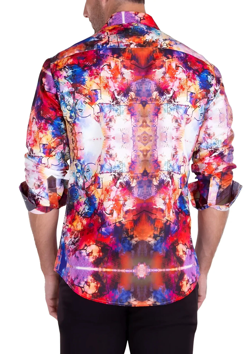 Vibrant watercolor art print l s shirt with bold red blue purple and orange kaleidoscopic abstract pattern
