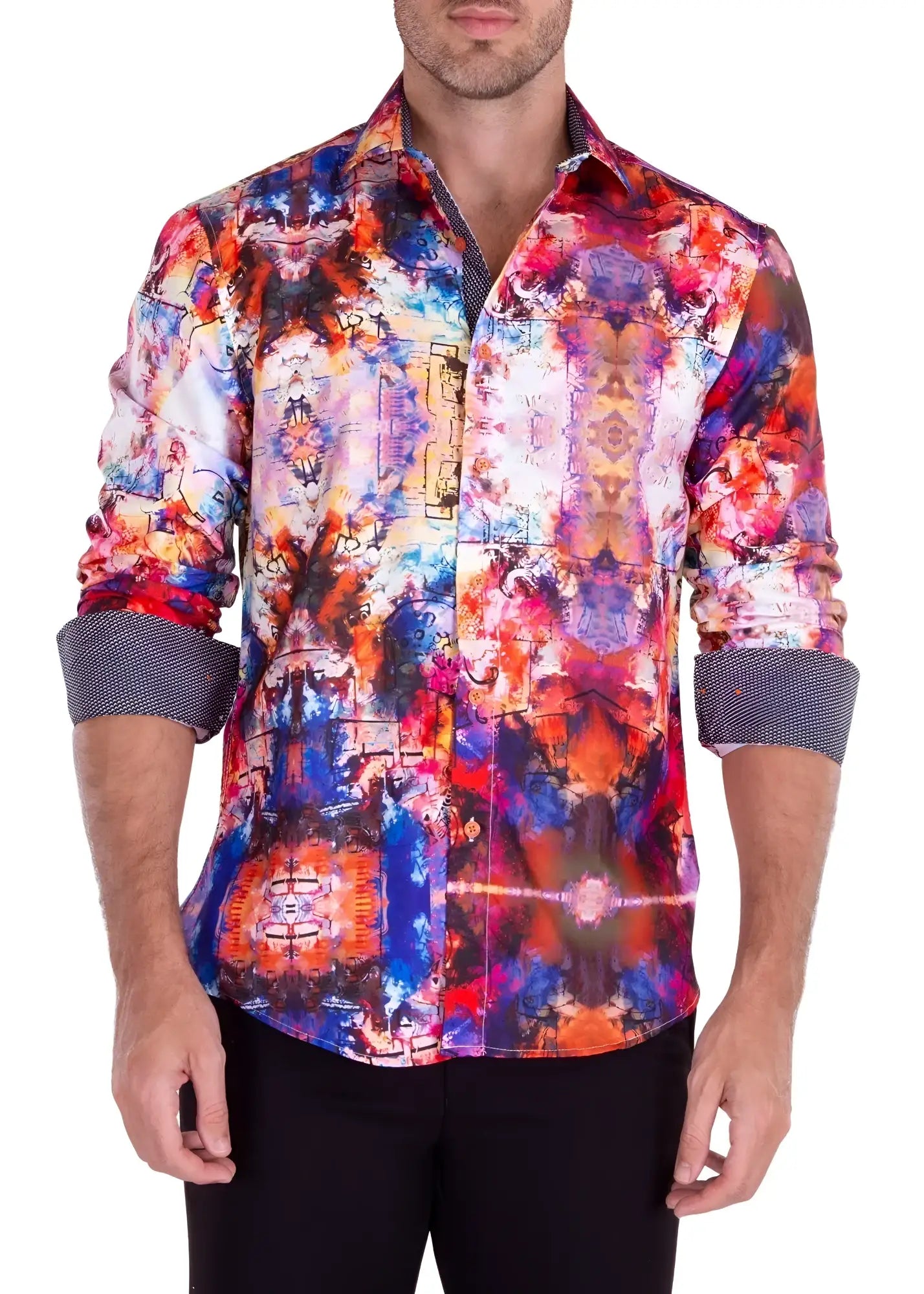 Vibrant watercolor art print l s shirt with abstract reds blues purples on textured fabric and contrasting gray cuffs