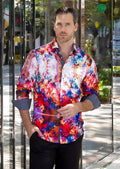 Vibrant multicolored watercolor art print long sleeve men’s button-down shirt with rolled sleeves and dark gray cuffs