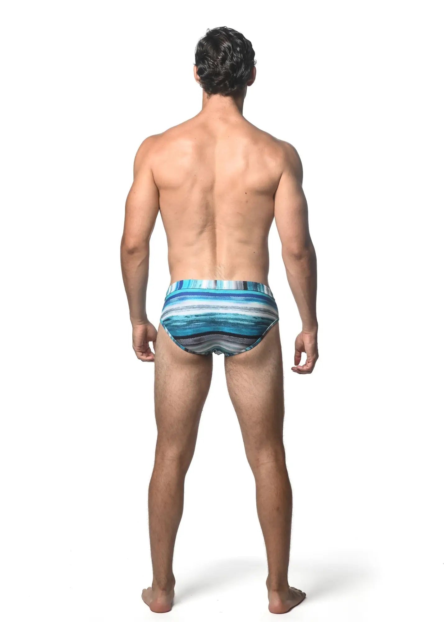 Blue and white striped swim brief with a modern abstract watercolor stripe printed pattern for swimming