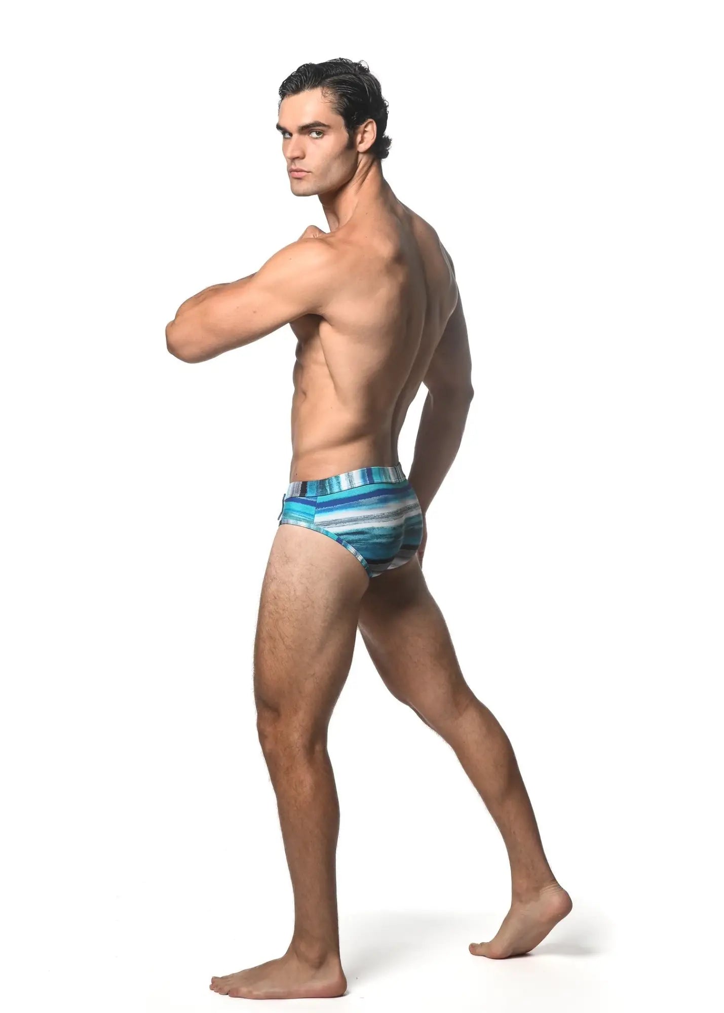 Blue and white striped watercolor stripe printed swim brief designed for comfortable swimming and beach use