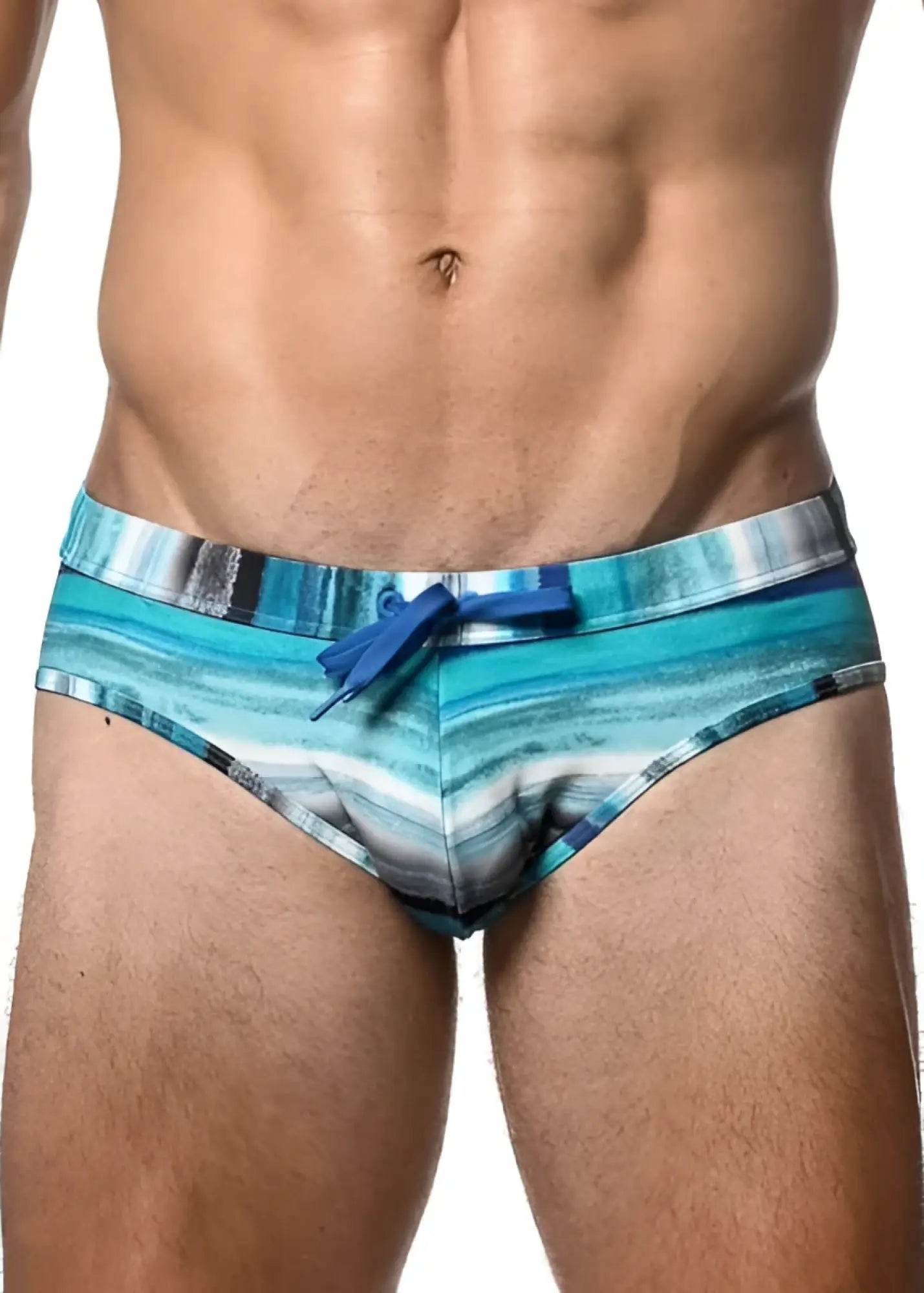 Watercolor stripe printed swim brief in blue and white with a matching blue drawstring for swimming use