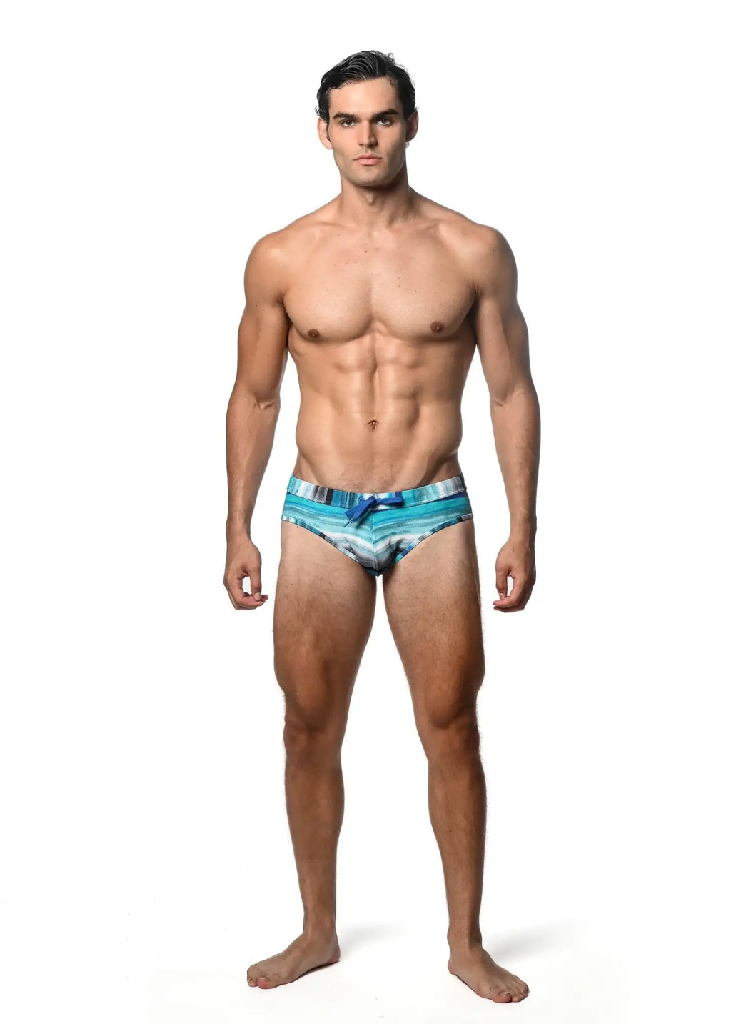 Men’s blue and white watercolor stripe printed swim brief with tie-side closure for comfortable beachwear