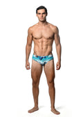 Men’s blue and white watercolor stripe printed swim brief with tie-side closure for comfortable beachwear