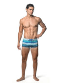 Blue and white striped watercolor stripe printed swim trunk with matching drawstring for beach and pool use