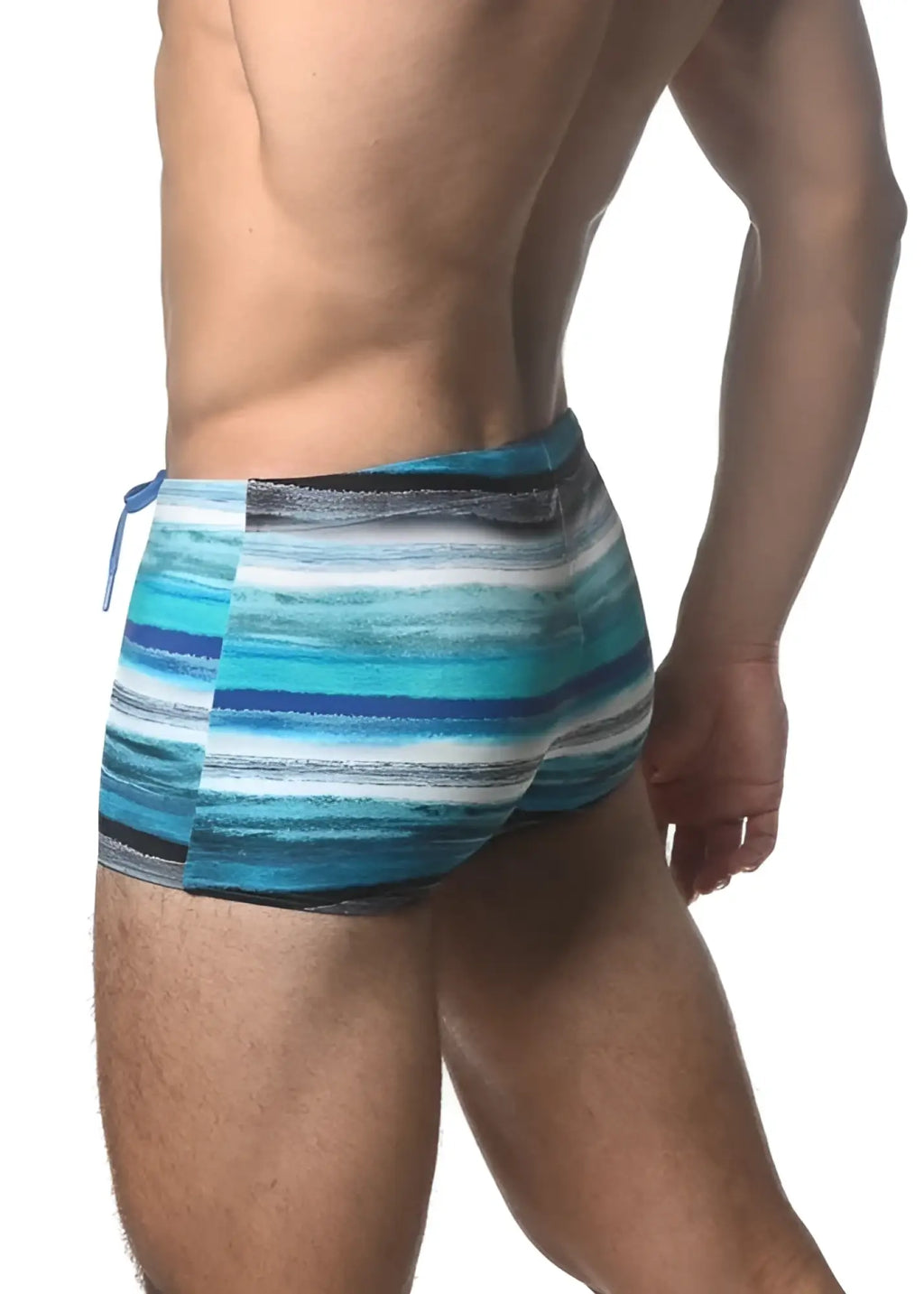 Blue and white striped swim trunks with a textured watercolor-like pattern perfect for swim and beachwear
