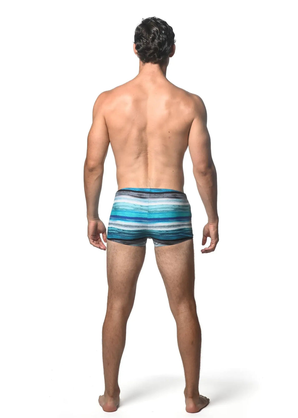 Men’s watercolor stripe printed swim trunks with horizontal blue gray and white stripes for casual beachwear