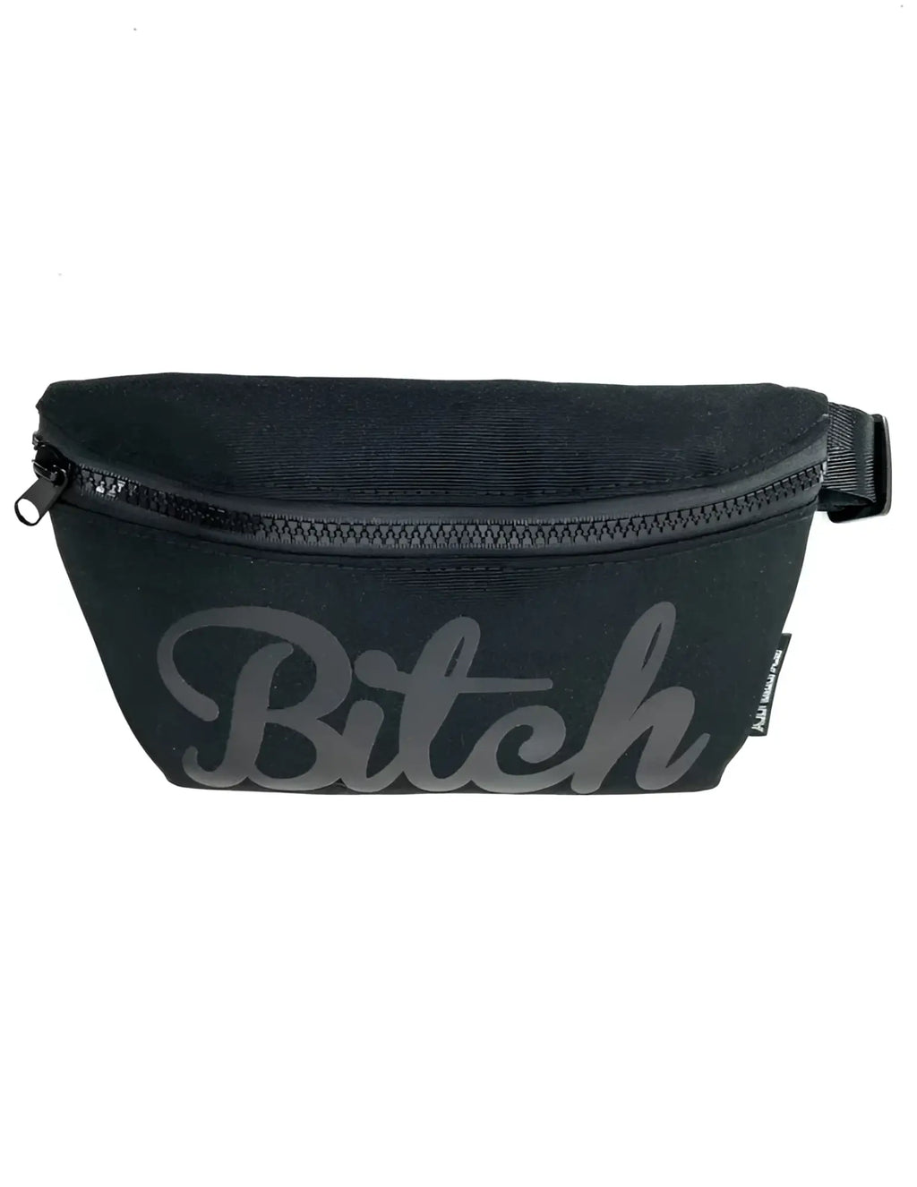 Werds ultra slim fanny pack black canvas with gray cursive bitch logo and black zipper for hands free use