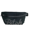 Werds ultra slim fanny pack black canvas with gray cursive bitch logo and black zipper for hands free use