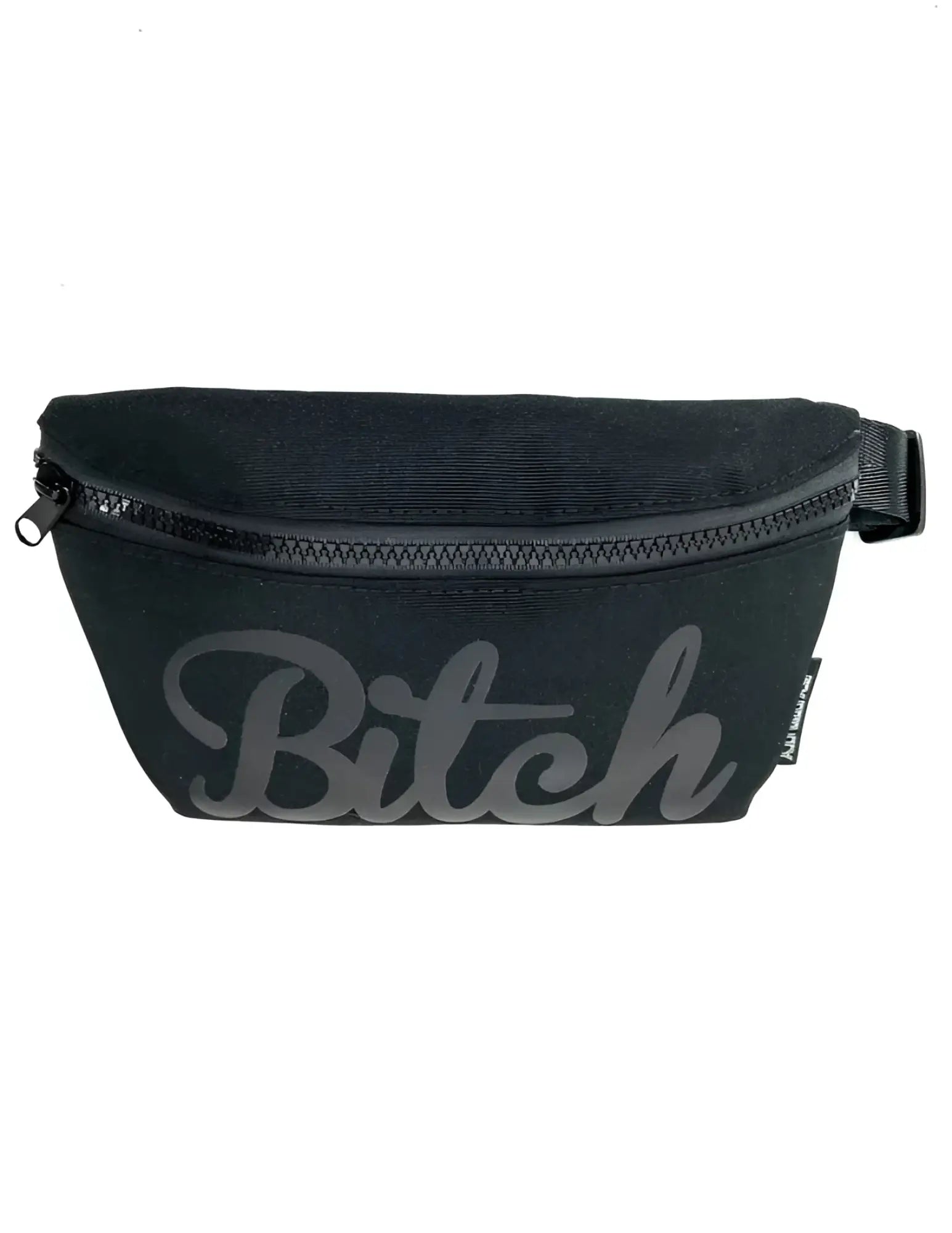 Werds ultra slim fanny pack black canvas with gray cursive bitch logo and black zipper for hands free use