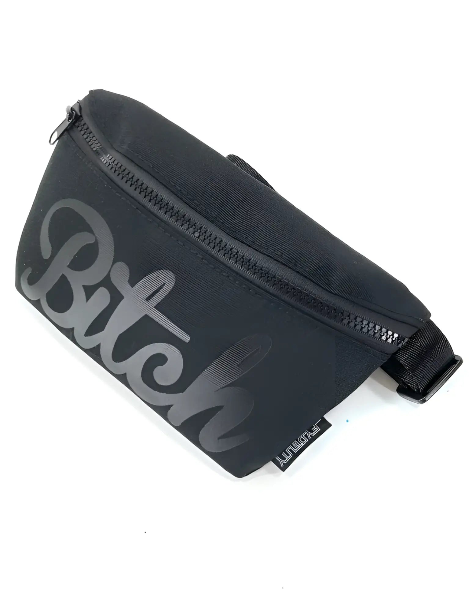 Werds ultra slim fanny pack in black fabric with gray cursive bitch graphic and zipper closure