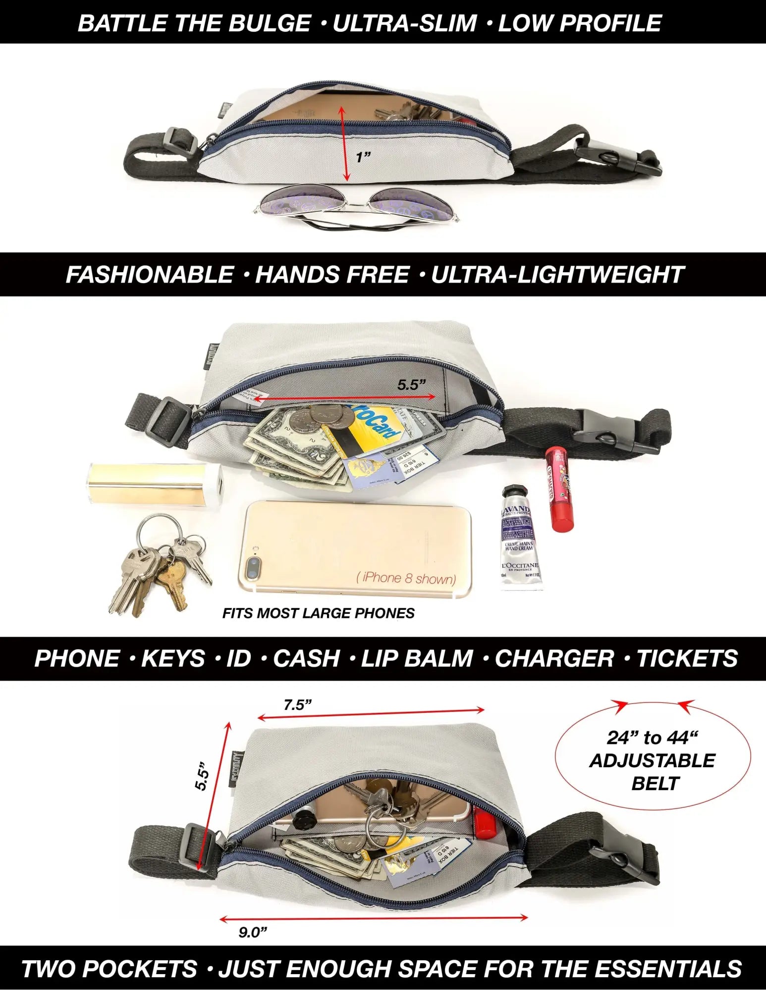 Werds ultra slim fanny pack gray with black adjustable belt and navy blue trim designed for lightweight carry