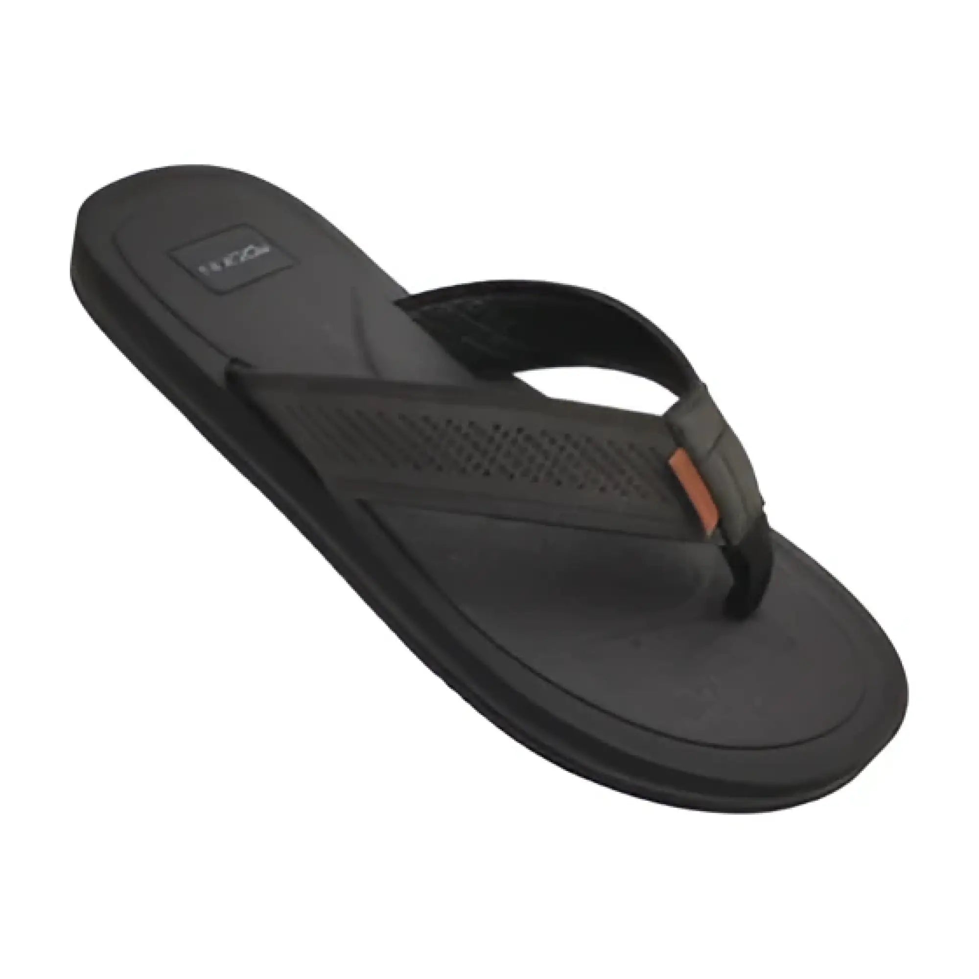 Black wharf sandal flip-flop with perforated strap and orange accent tag for casual wear