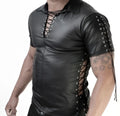 Black leather lace-up short-sleeved shirt with silver eyelets and reinforced arm detailing size m whip it leather