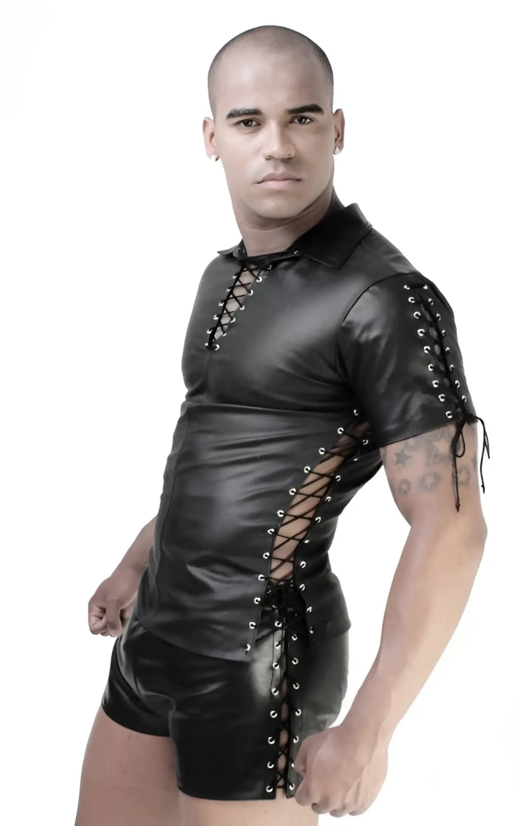 Black leather lace-up short sleeved shirt with silver eyelets and matching shorts whip it leather sn12 size m