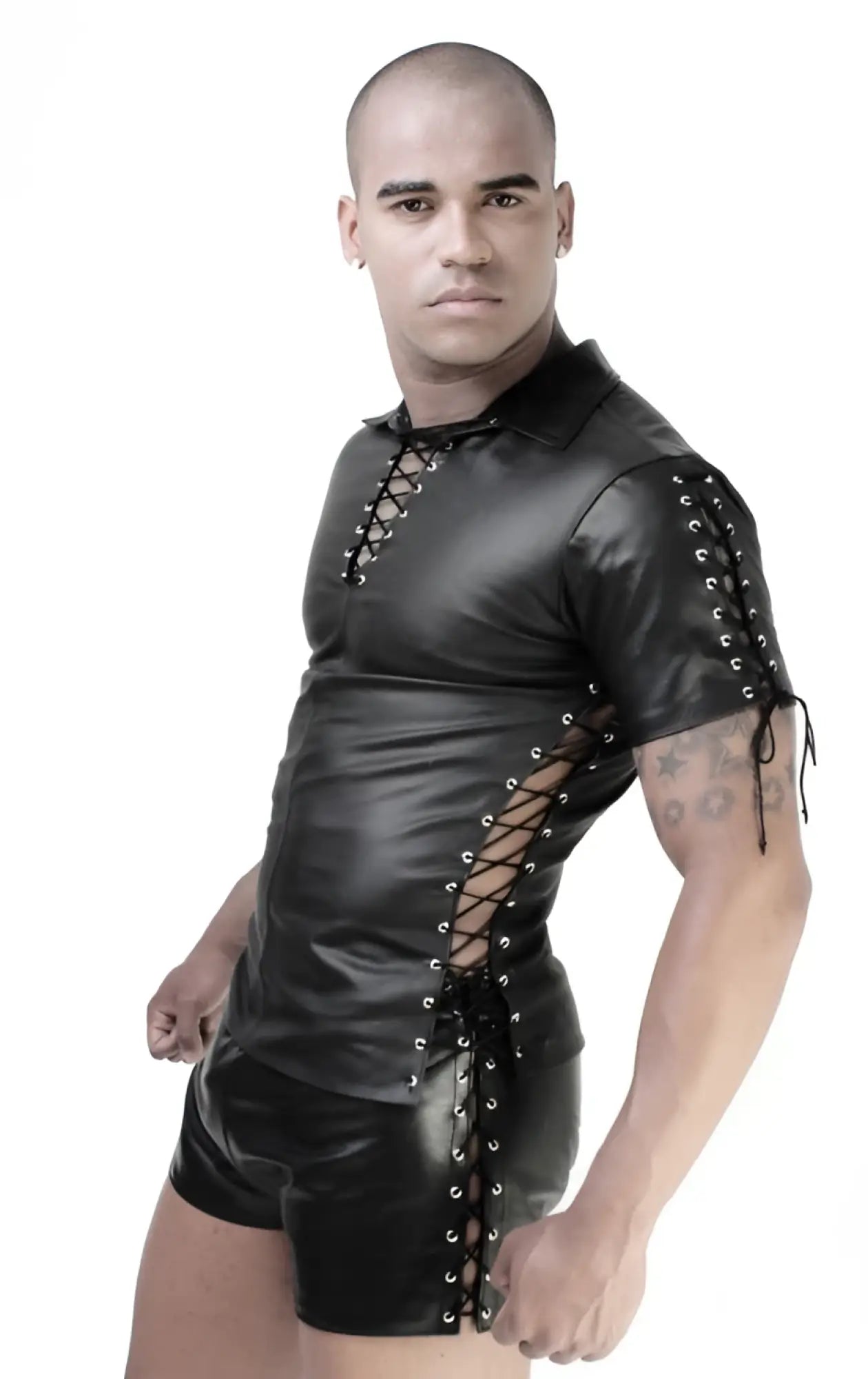 Black leather lace-up short sleeved shirt with silver eyelets and matching shorts whip it leather sn12 size m