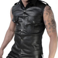 Black leather sleeveless muscle shirt with button closures and flap pockets whip it leather perforated pocket size m