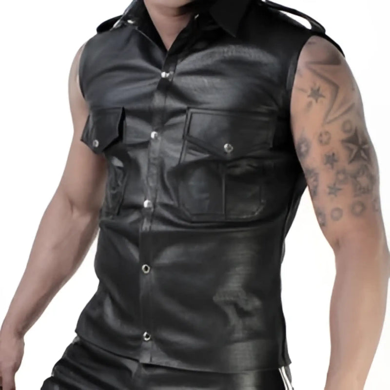 Black leather sleeveless muscle shirt with button closures and flap pockets whip it leather perforated pocket size m