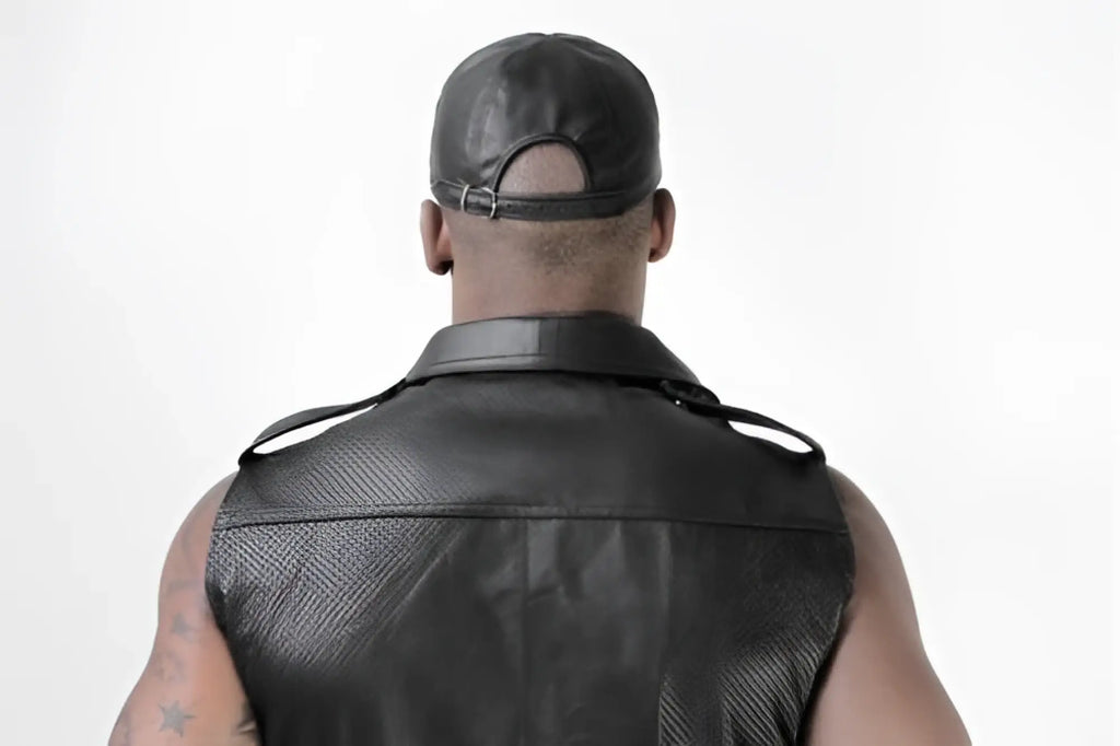 Black leather perforated pocket sleeveless muscle shirt with textured front and adjustable shoulder straps size m