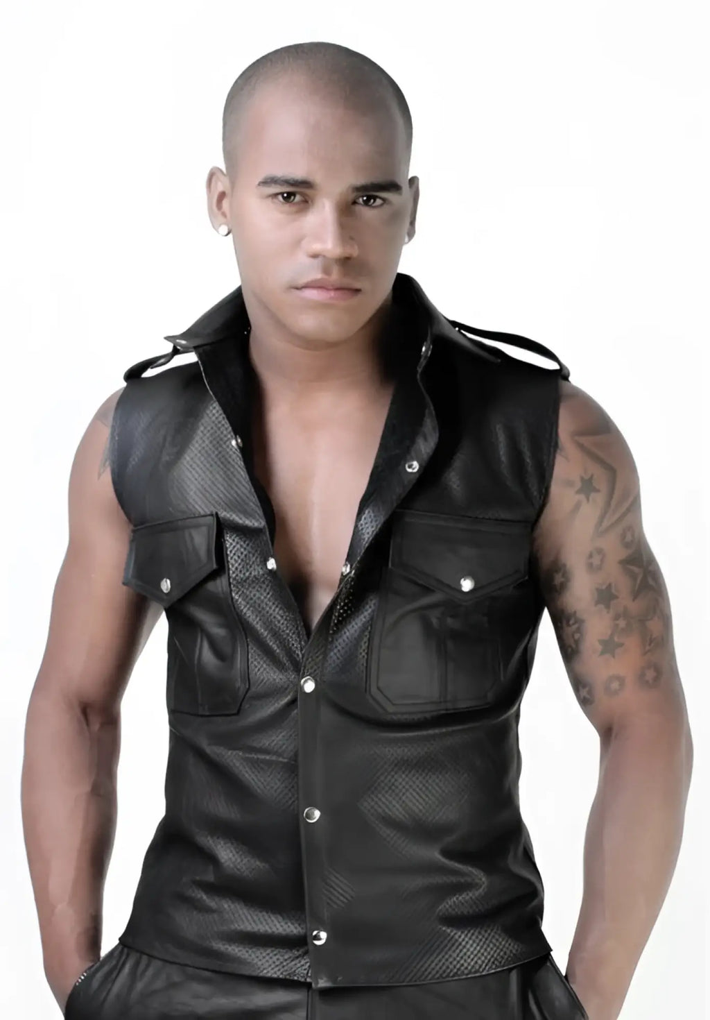 Black leather perforated sleeveless muscle shirt with silver buttons whip it leather sn7 size m