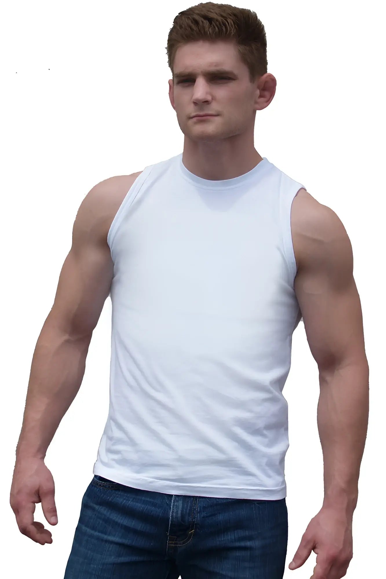 White sleeveless athletic fit cotton tank top with a simple crew neckline for comfortable activewear