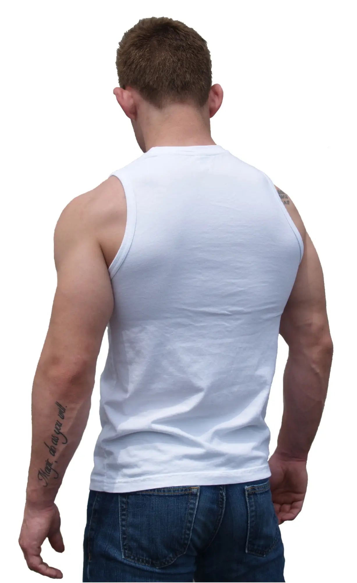 White sleeveless athletic fit barefront made of white cotton with a simple fitted tank top design