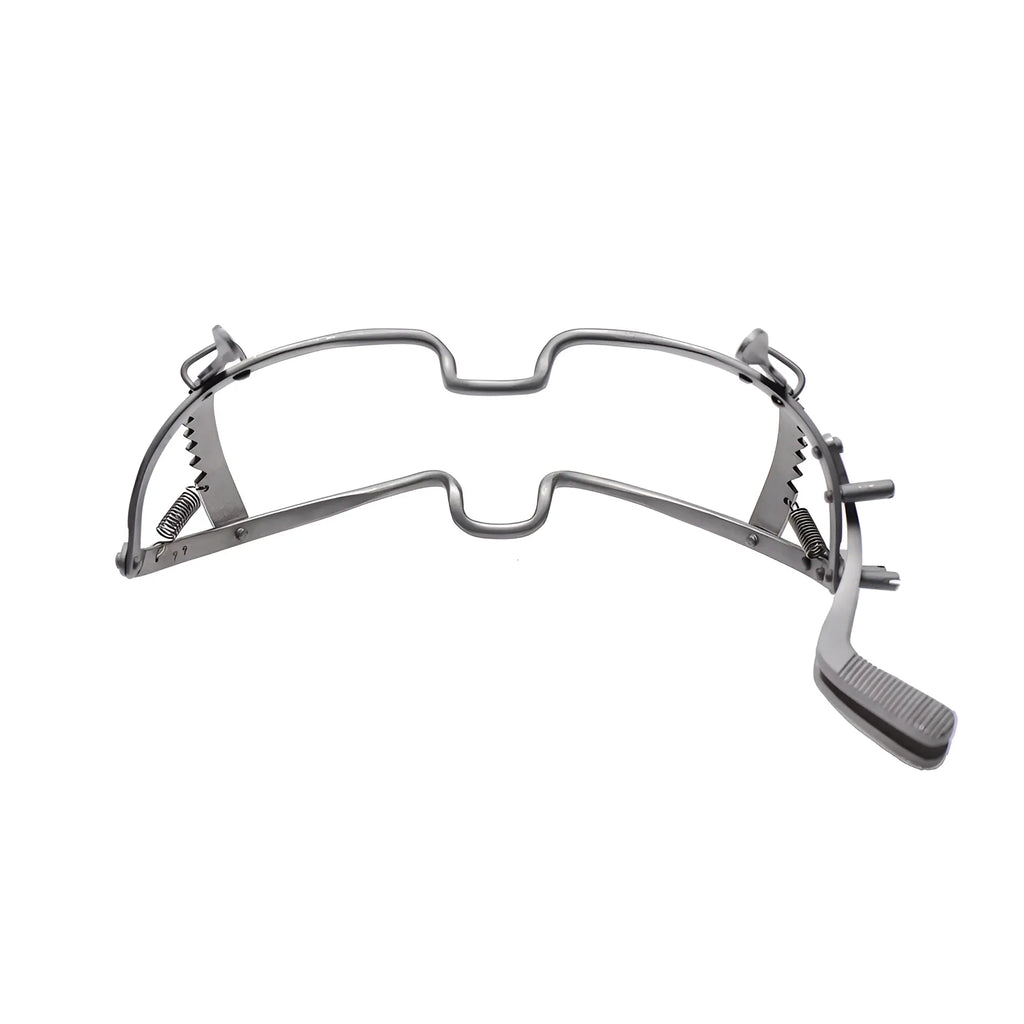Whitehead ratchet mouth gag made of stainless steel with spring-loaded jaws and textured handle for dental use