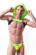Neon green sequined hood harness set with black straps and metallic rings for edgy festival or club wear