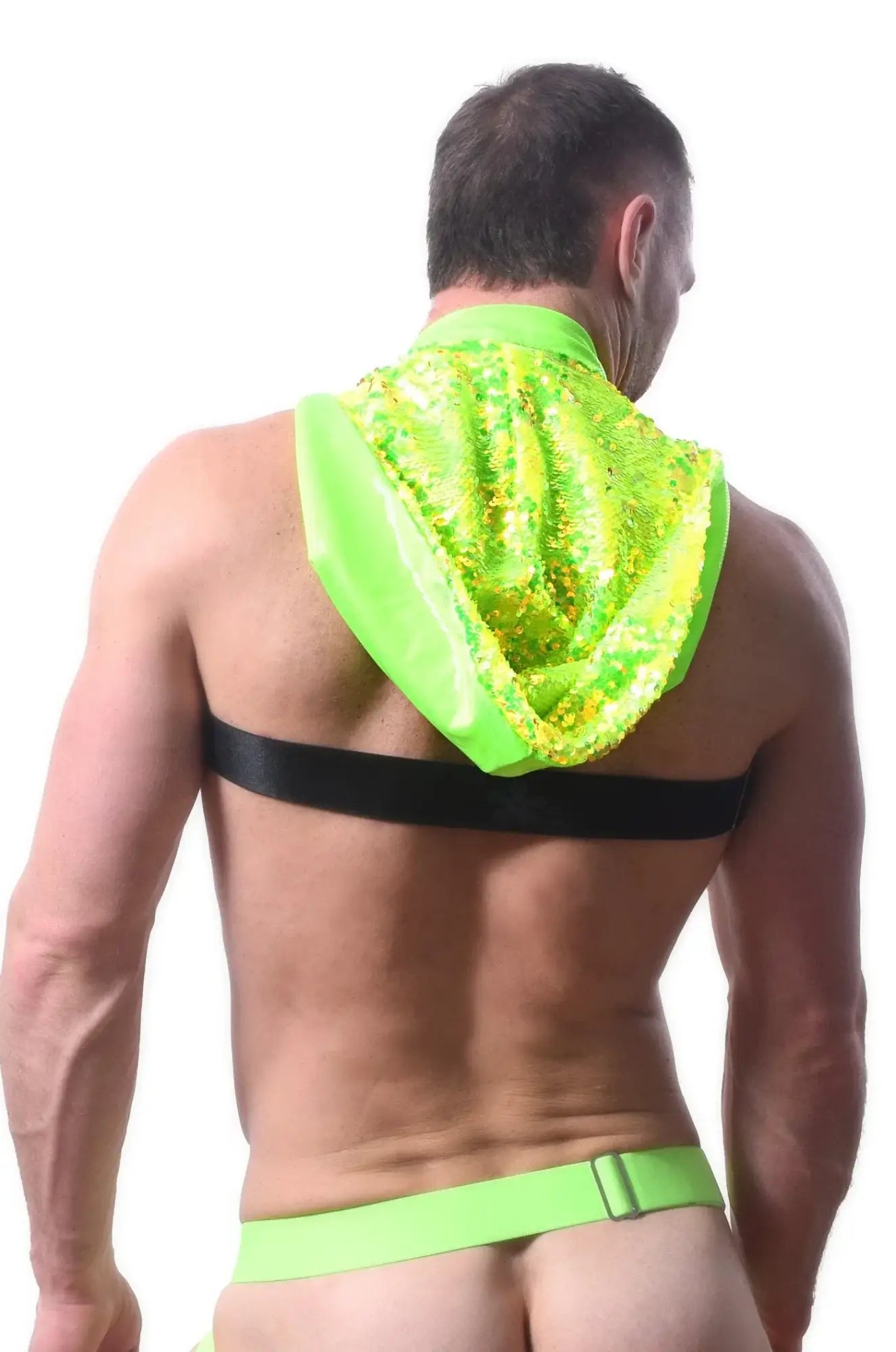 Neon green sequined hoodie with black back strap shown from the back in whorenness sequin hood harness style