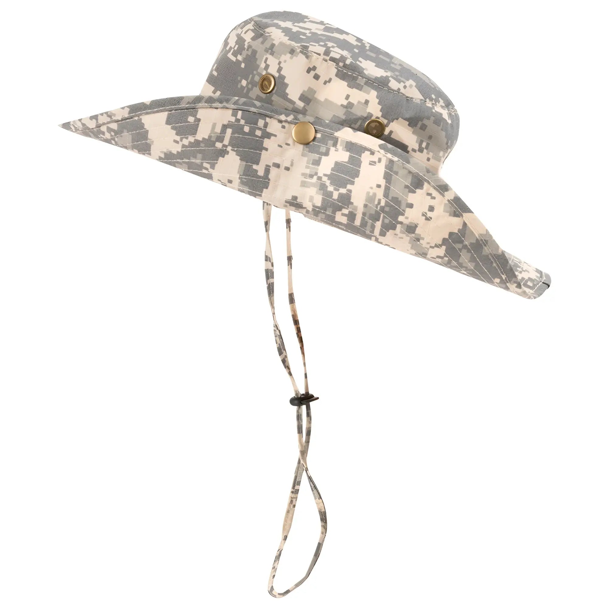 Wide brim camo boonie hat with camouflage pattern adjustable chin strap and wide brim for outdoor use