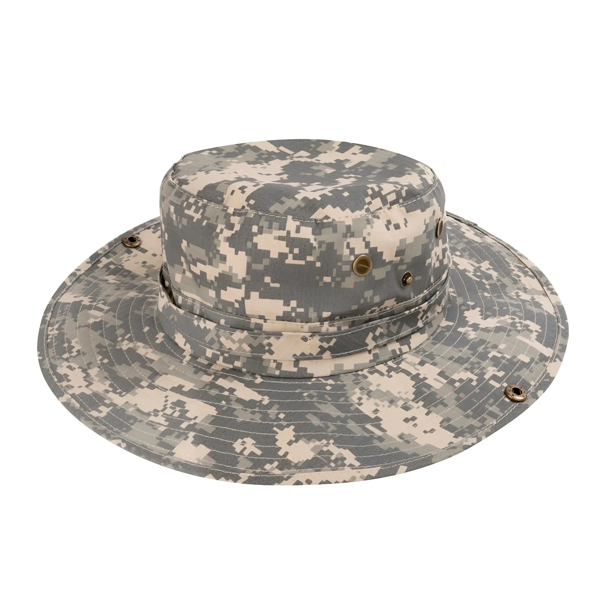 Wide brim camo boonie hat in gray and beige digital camouflage with a wide brim for outdoor use