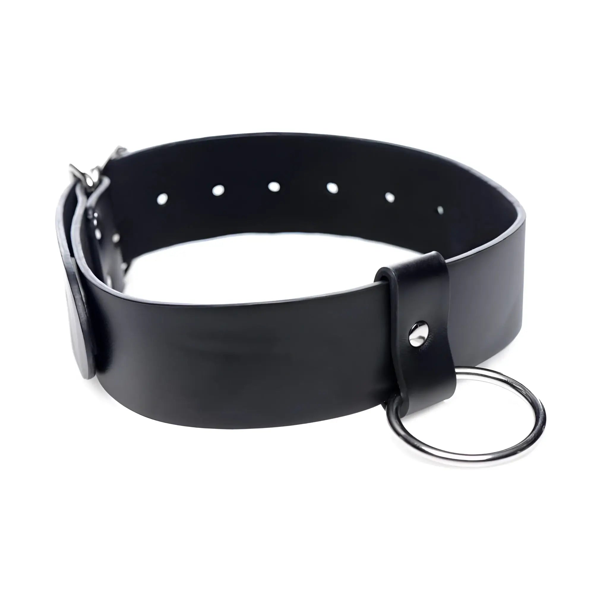 Black leather wide collar with metal o-ring and buckle for adjustable fit