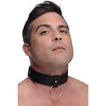 Wide black leather collar featuring a silver metal o-ring for adjustable and durable wear