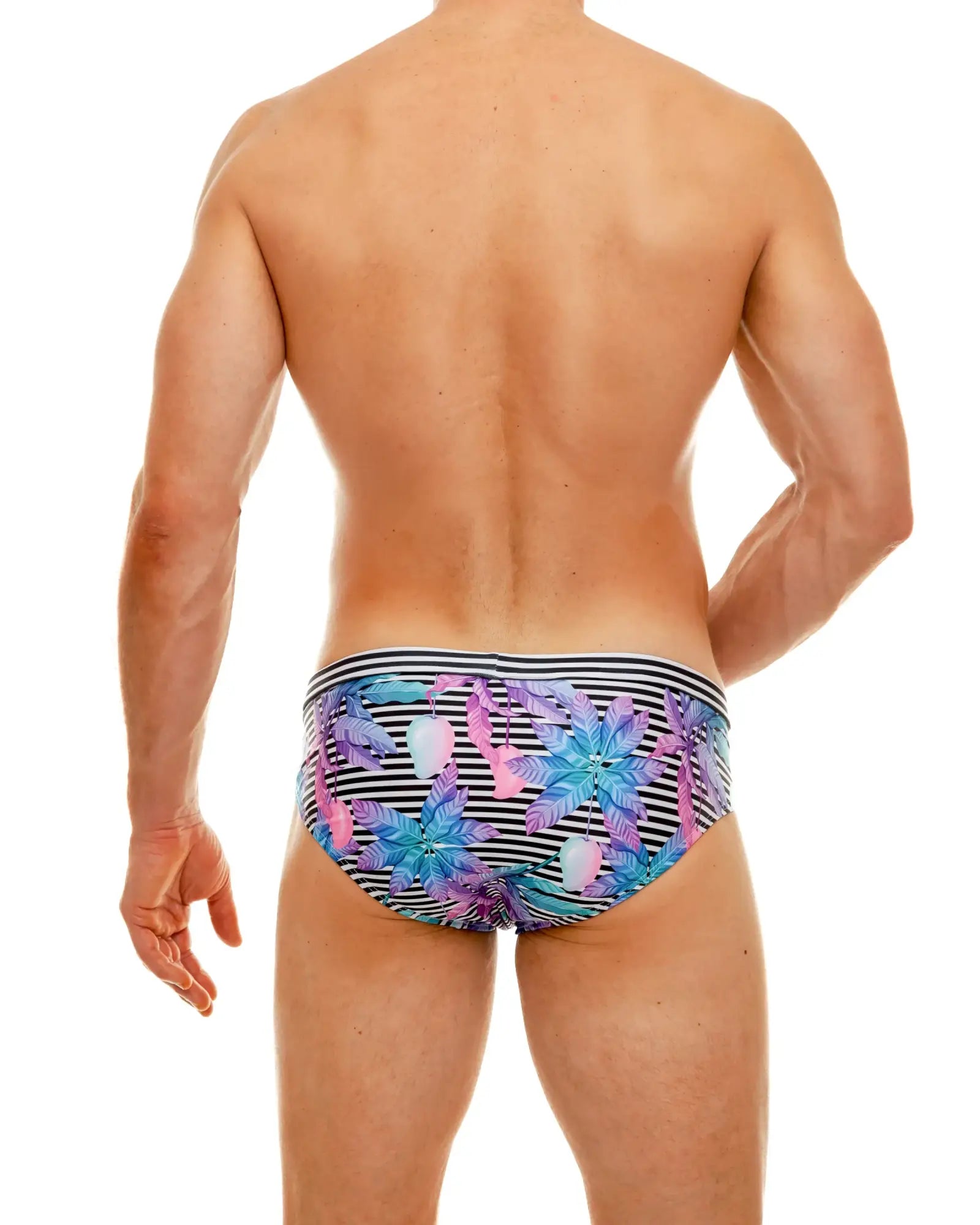 Wild Mango swim brief featuring vibrant tropical print with bold black and white striped waistband for beachwear