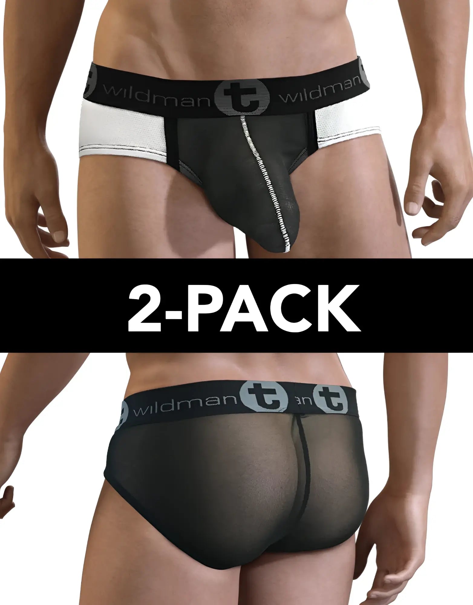 Two-pack pouch briefs featuring a black front with white mesh sides and a sheer black back, both with branded waistbands.