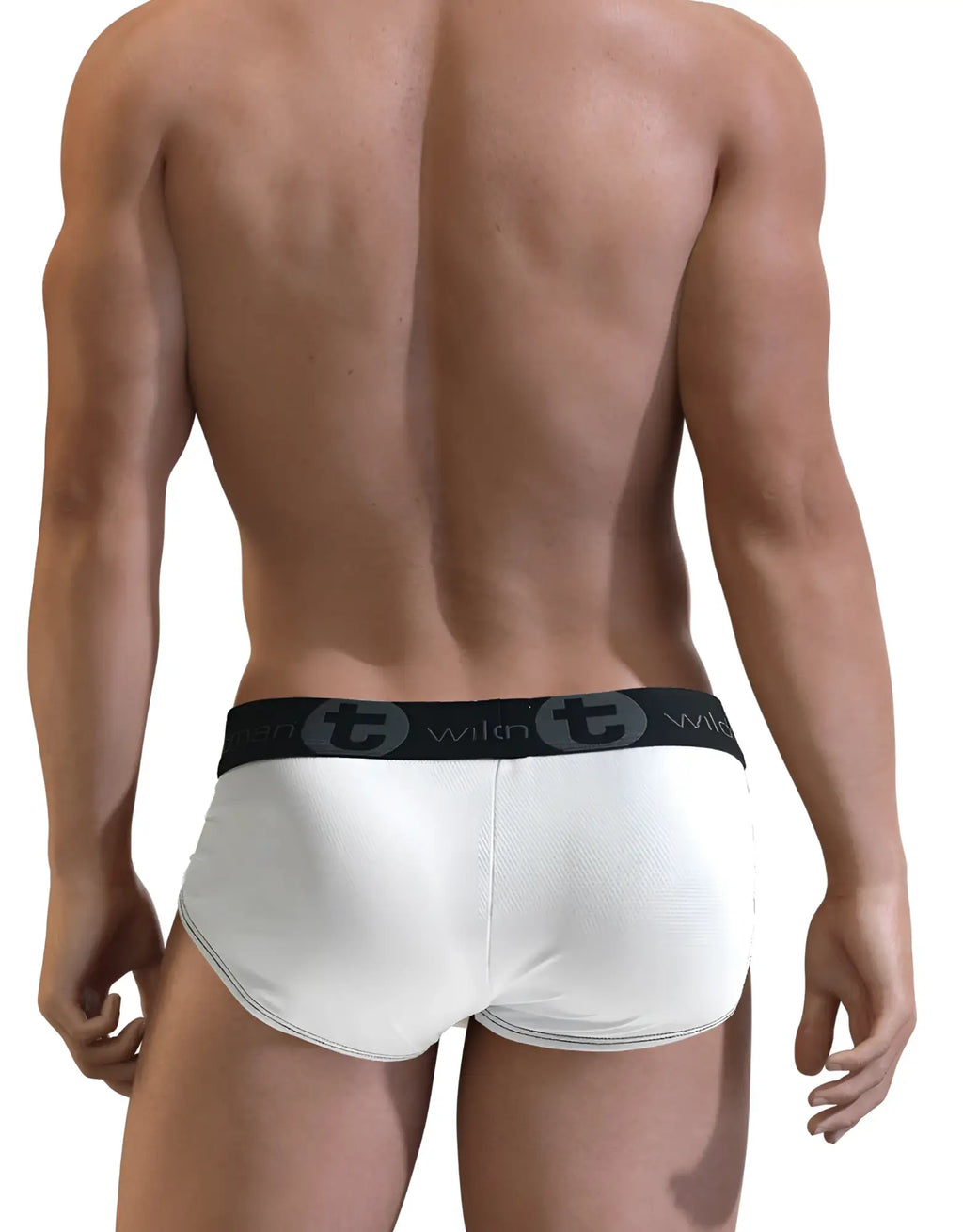 Rear view of a man wearing white mesh pouch briefs with a black elastic waistband featuring gray logo lettering.