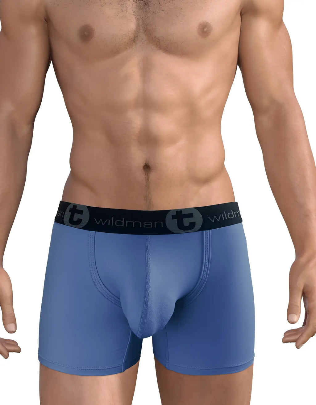Blue cotton boxer briefs with a front pouch and a black waistband featuring "Wildman" branding.