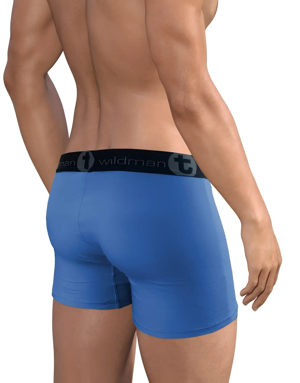 Blue 5-inch inseam cotton boxer briefs with a black branded elastic waistband on a fit model, rear view.