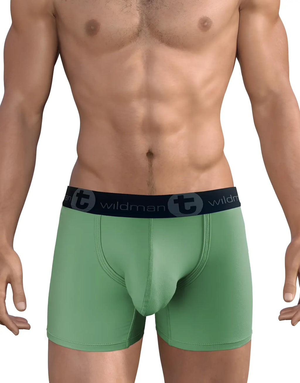 Sage green cotton boxer briefs with a supportive contour pouch and a black branded Wildman elastic waistband.