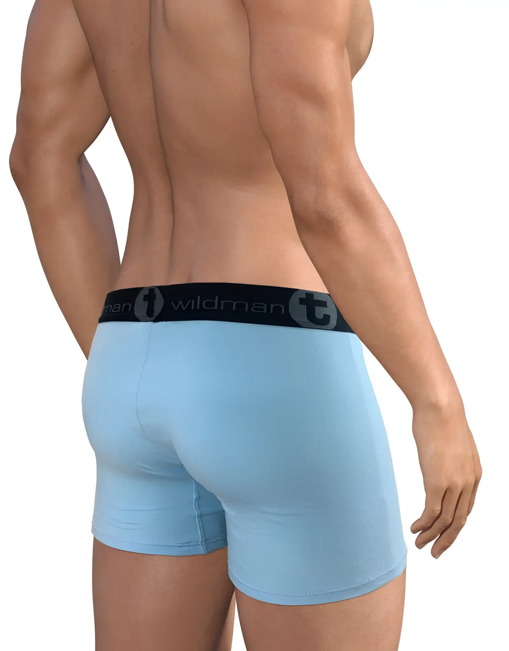 Light blue cotton boxer briefs with a 5-inch inseam and a black waistband featuring the Wildman logo.