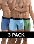 Three-pack of cotton boxer briefs with a supportive pouch, featuring black logo waistbands in blue, light blue, and green.