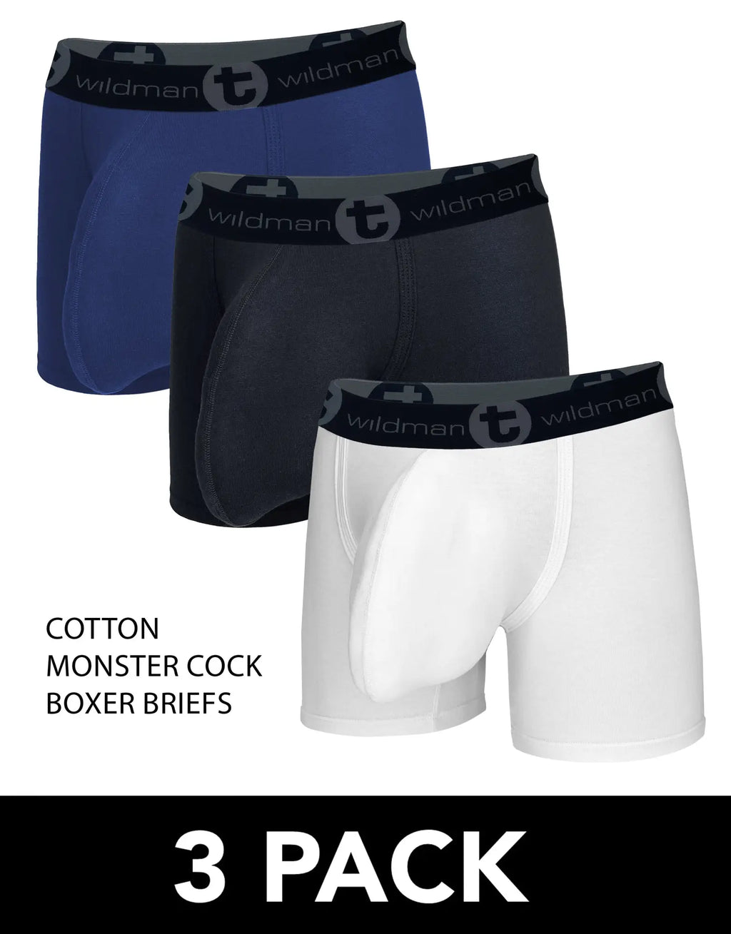 Three-pack of WildmanT cotton boxer briefs in blue, black, and white with prominent contoured front pouches.