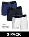 Three-pack of WildmanT cotton boxer briefs in blue, black, and white with prominent contoured front pouches.
