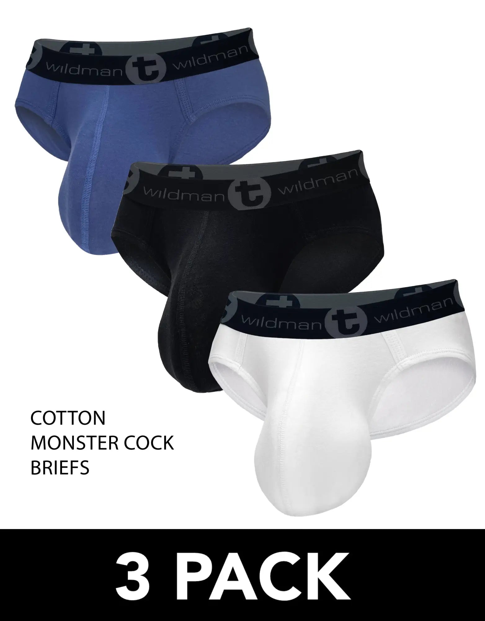 Three WildmanT cotton briefs in blue, black, and white, featuring contoured pouches and branded elastic waistbands.